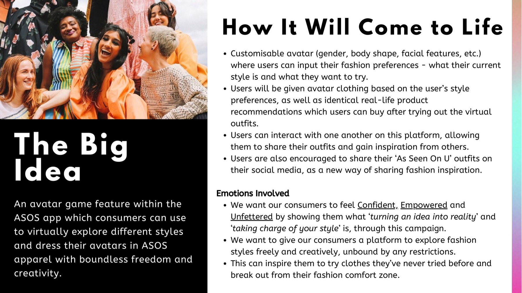 Slide describing the avatar game feature within the ASOS app, how it would work and the emotions the campaign aims to create