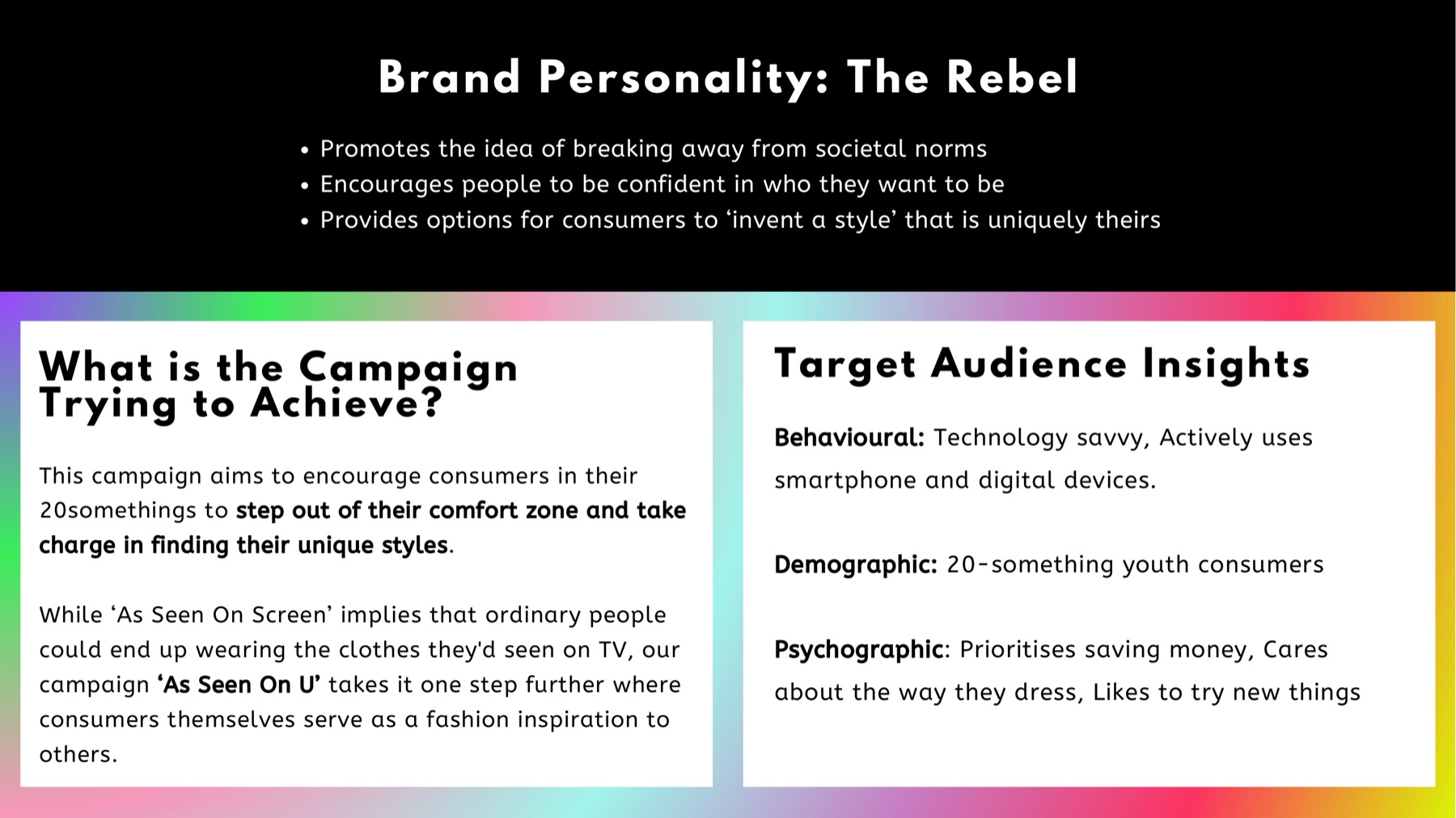Slide describing the campaign aims alongside behavioural, demographic and psychographic audience insights