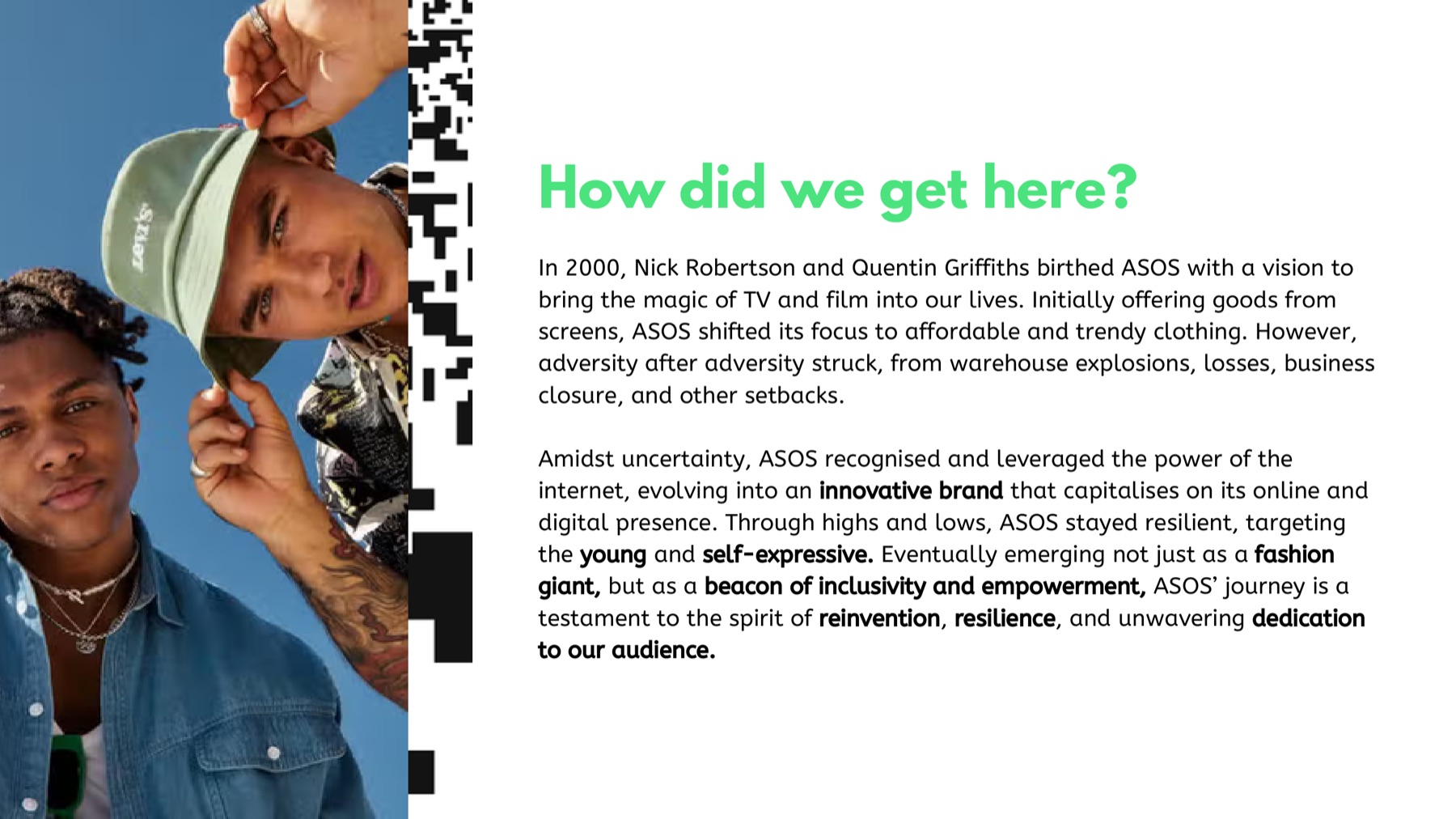 Slide describing the ASOS existence story as a rebirth archetype, from its founding in 2000 through setbacks to its online focus