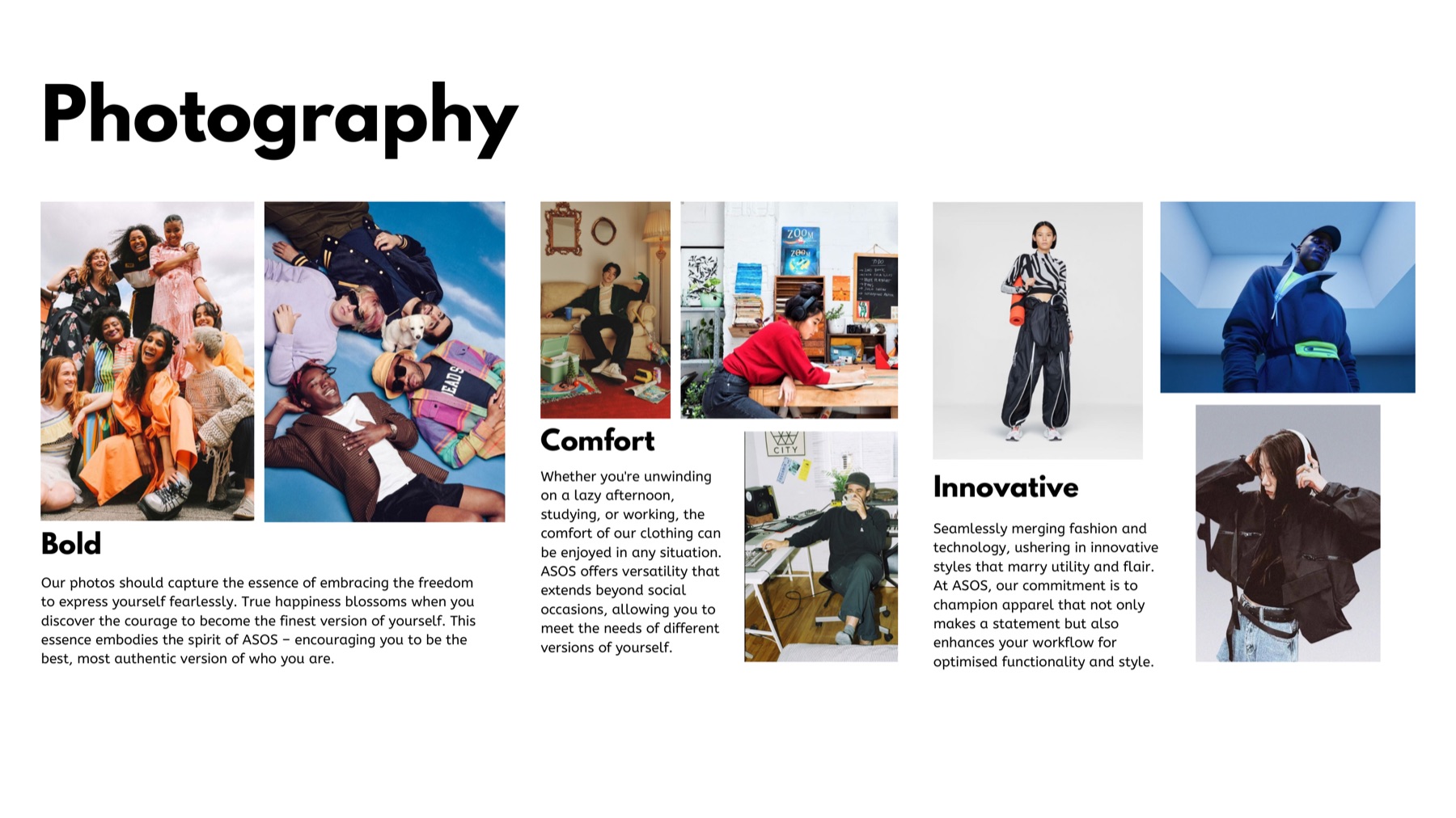 Brand guide page showing the photographic direction across comfort, innovative and bold themes