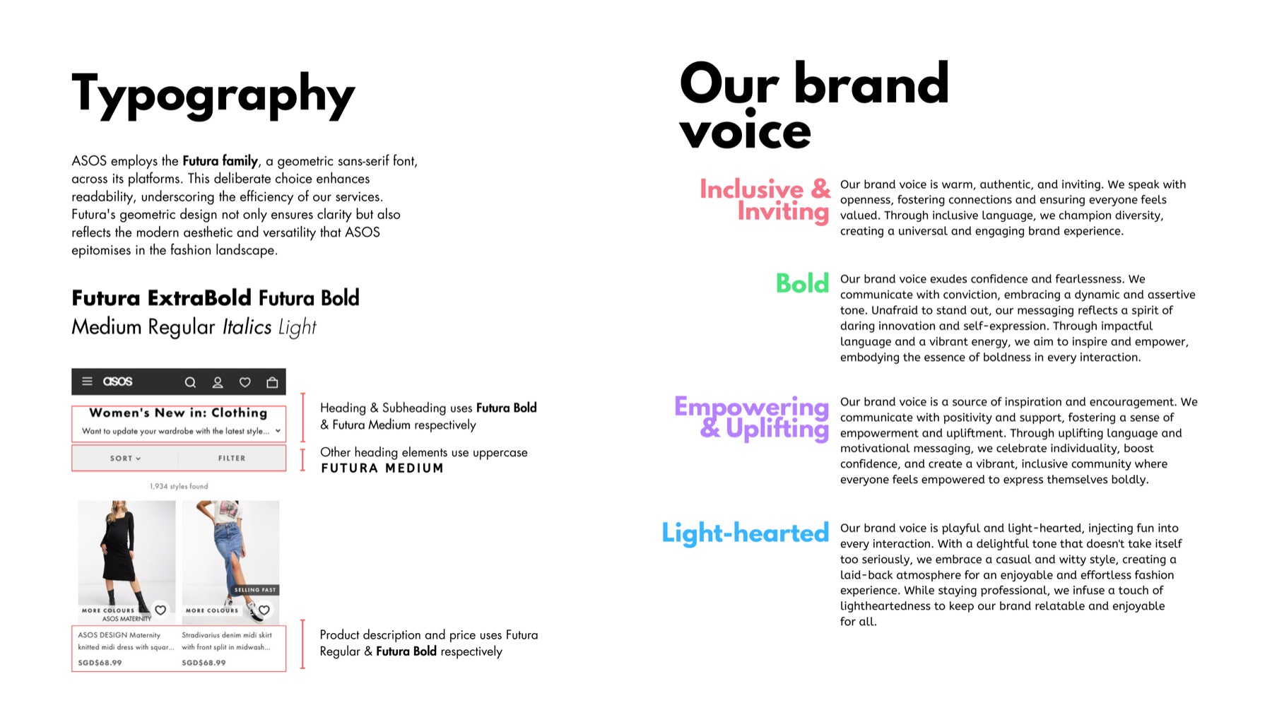Brand guide page showing the Futura typeface family used across ASOS platforms