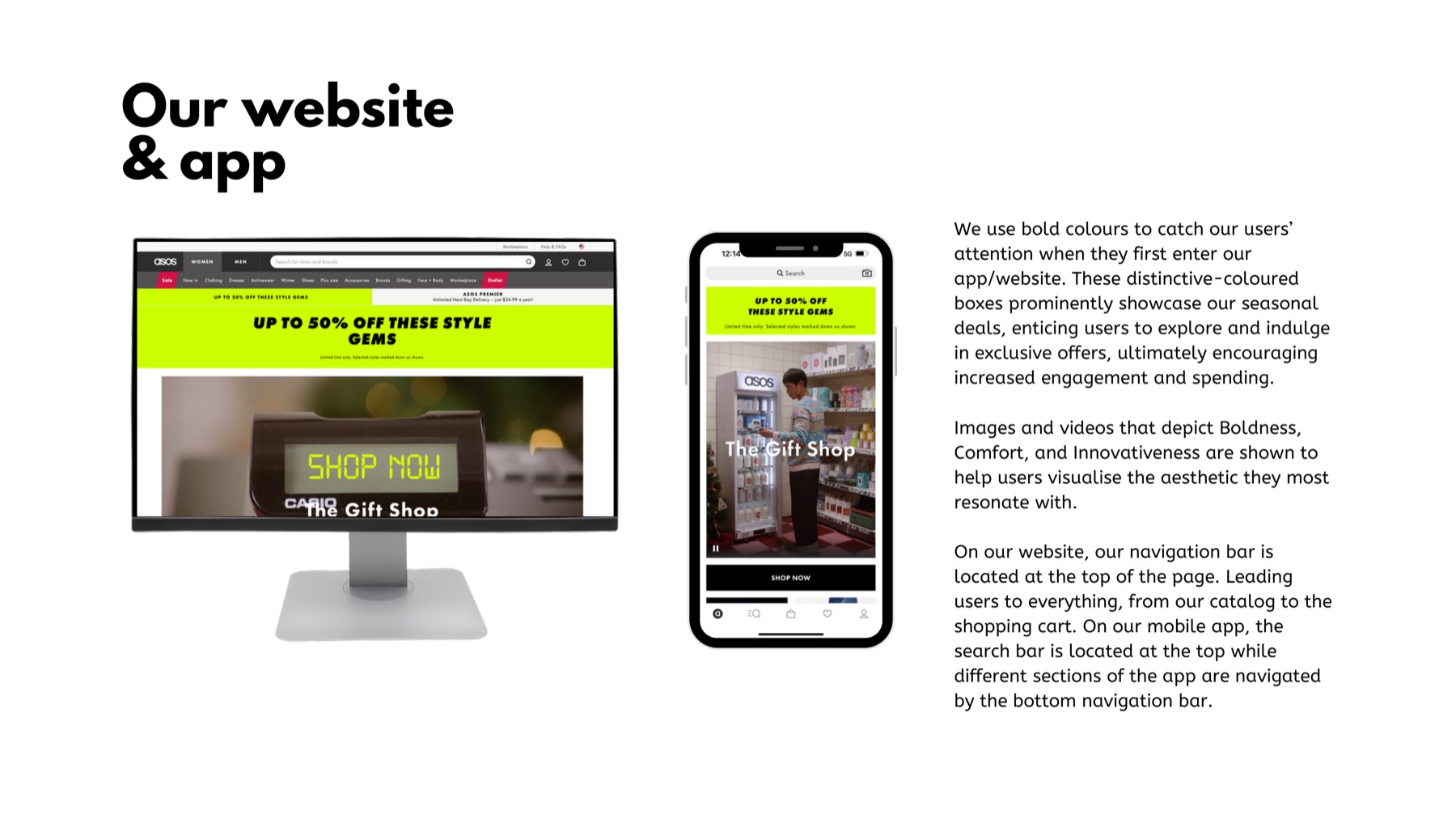 Brand guide page showing how bold colour blocks are used across the ASOS website and app