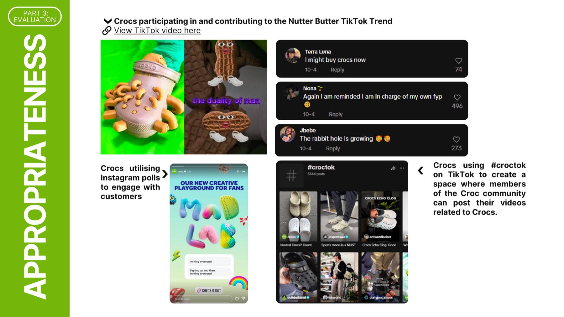 Slide showing Crocs using Instagram polls and replying to comments to engage its community