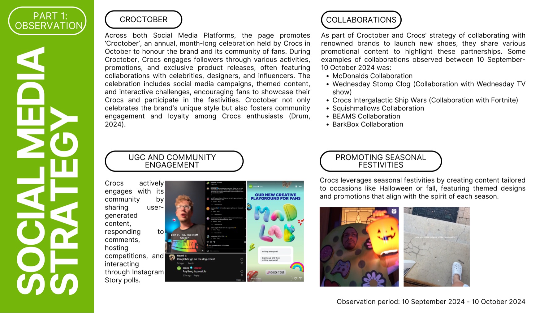 Slide showing Crocs social media strategy: Croctober, brand collaborations, user-generated content and seasonal festivities