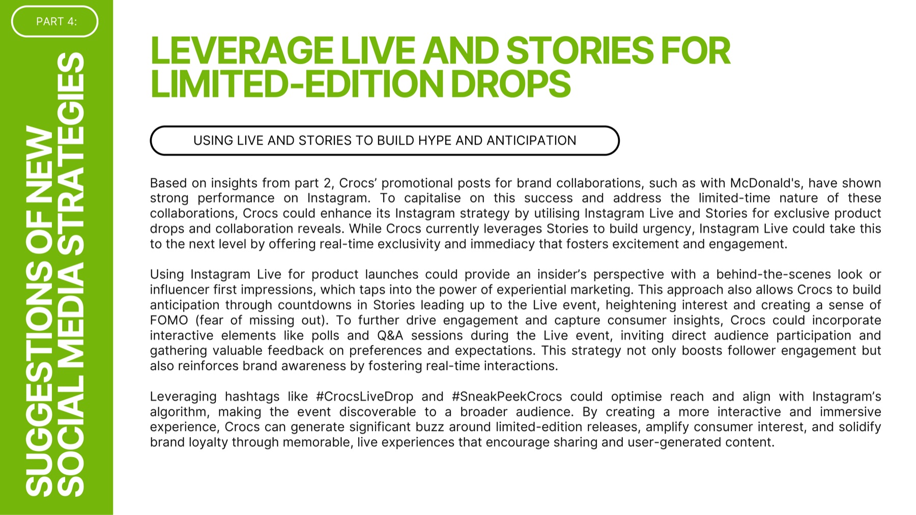 Slide recommending the use of live streams and Stories for limited-edition product drops