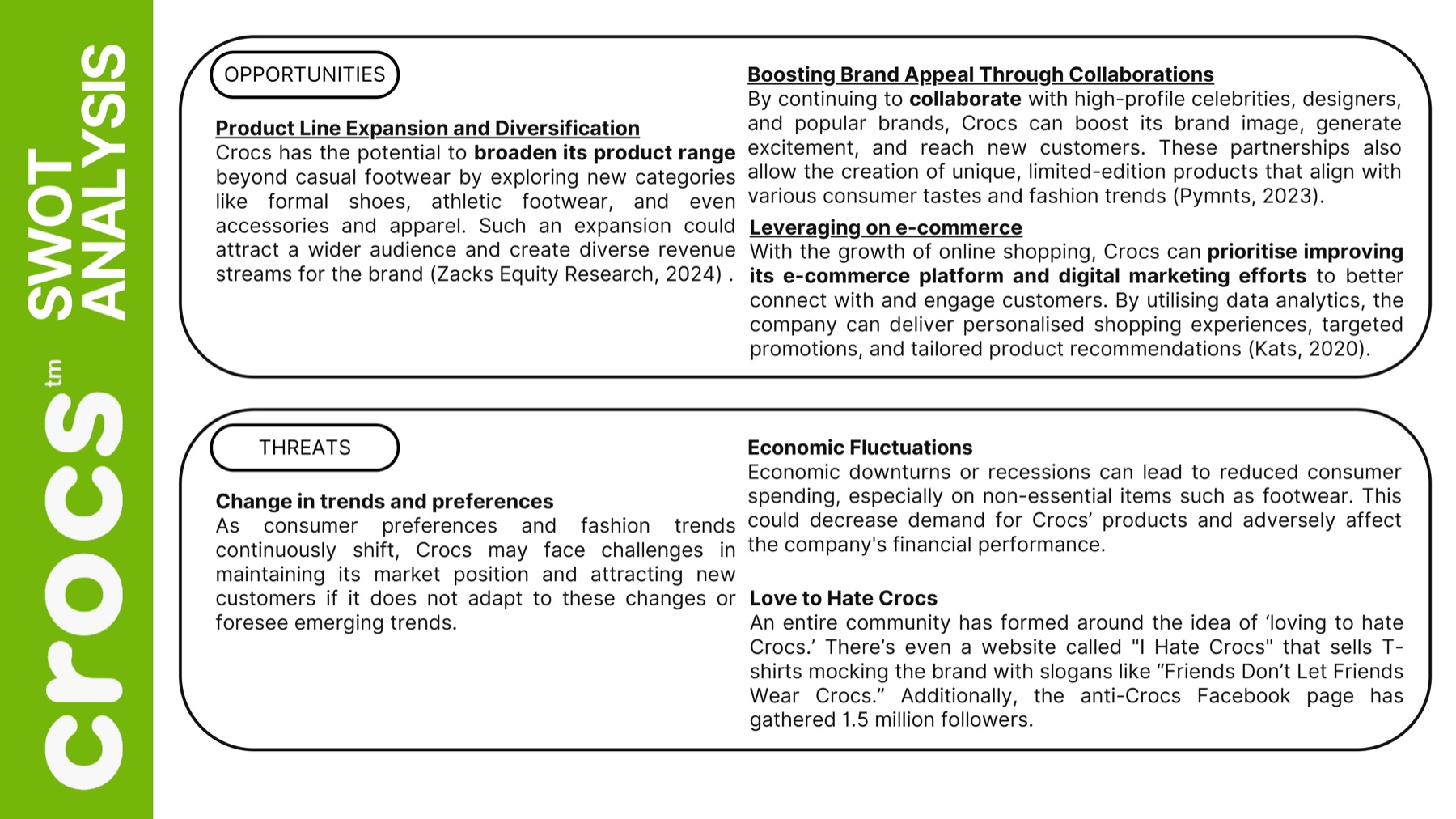 SWOT analysis slide covering product line expansion opportunities and external threats