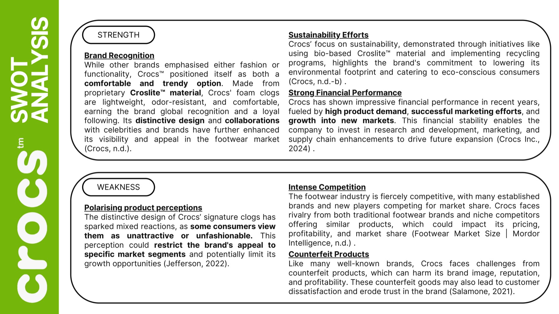 SWOT analysis slide covering brand recognition and the identified weaknesses