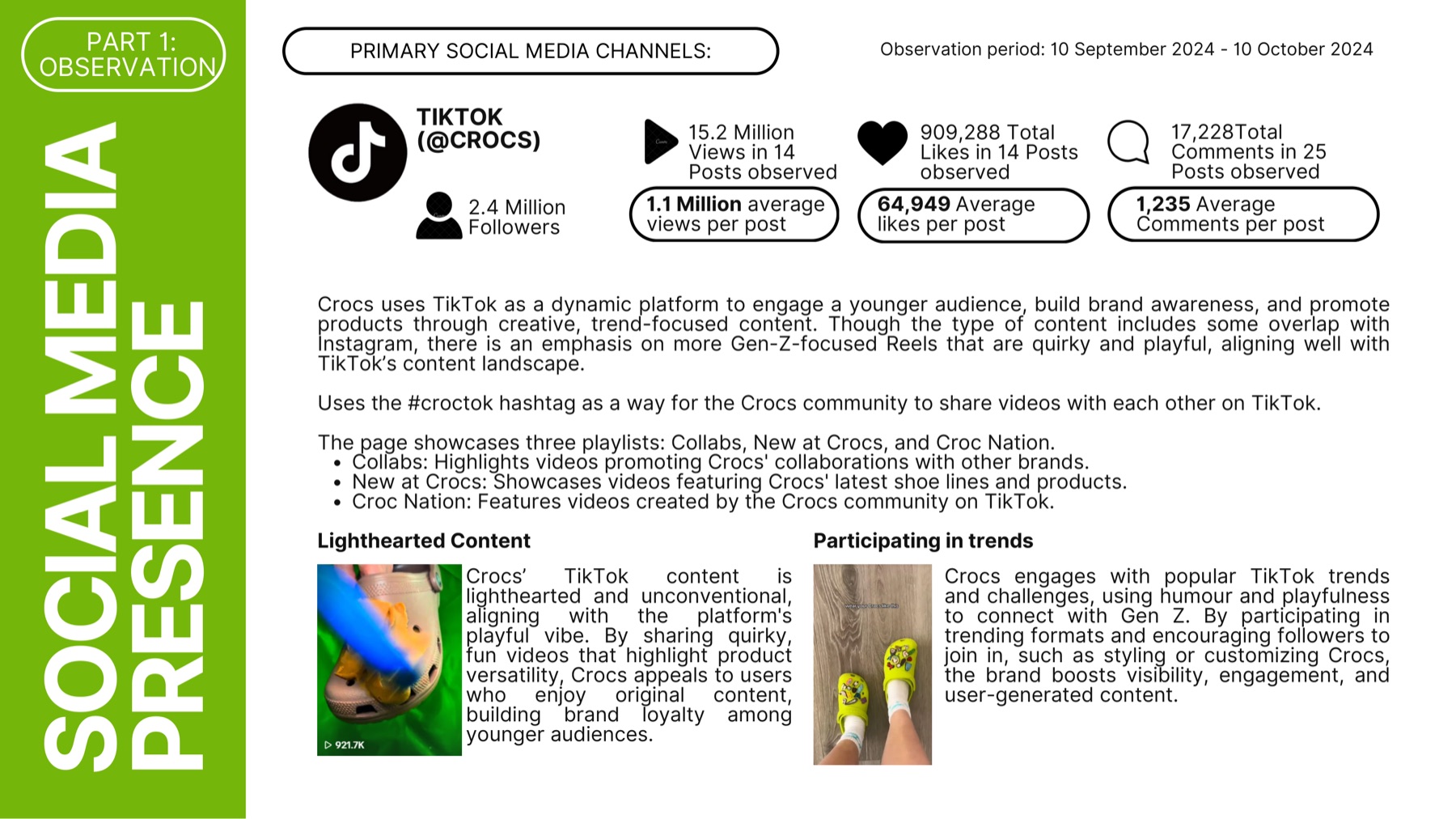 Slide analysing the Crocs TikTok channel, covering lighthearted content, trend participation and playlists, with observed follower and engagement figures