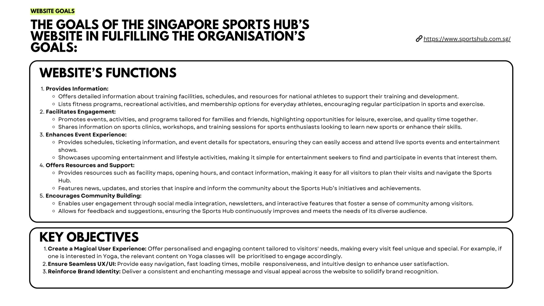 Slide listing the goals the Sports Hub website must serve for each audience group