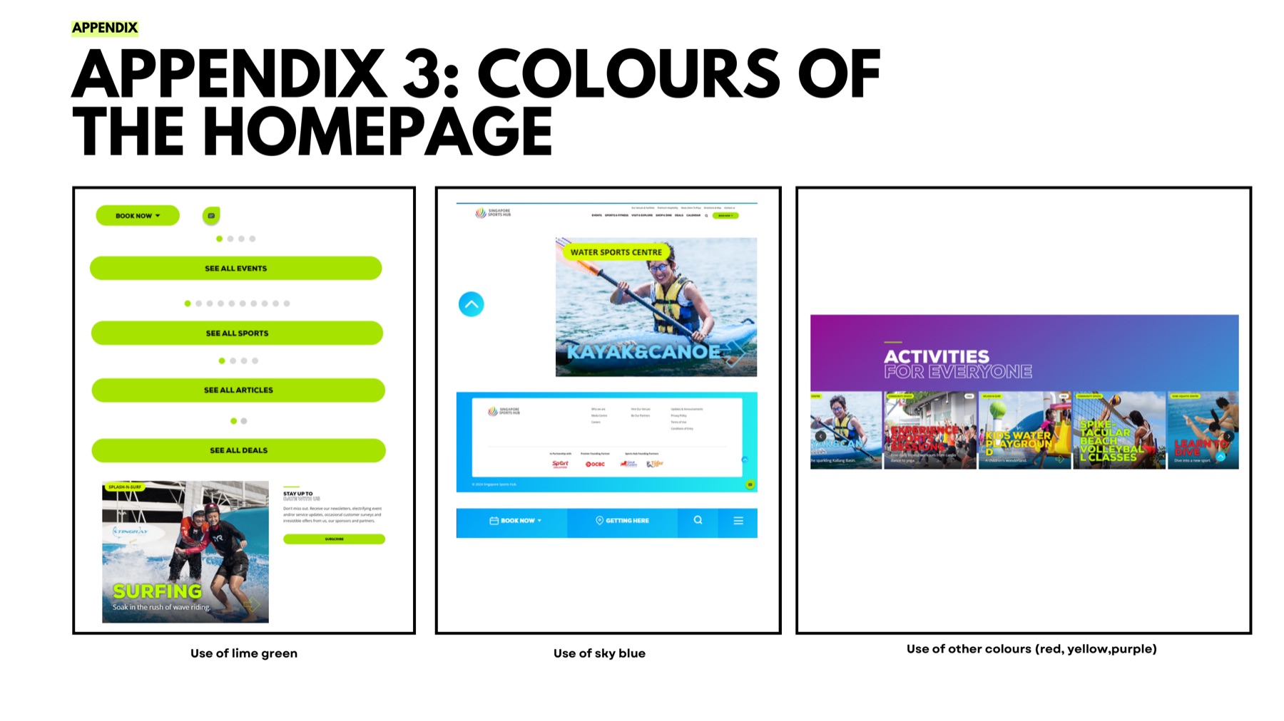 Annotated homepage screenshots showing the use of lime green, sky blue and other accent colours