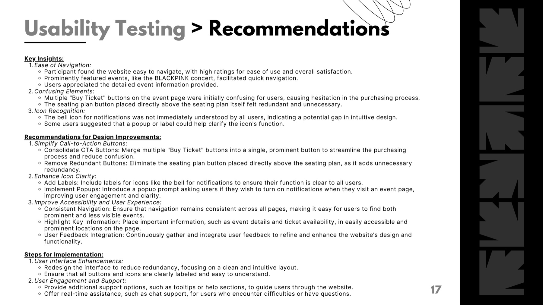 Slide listing the recommendations drawn from the usability testing insights