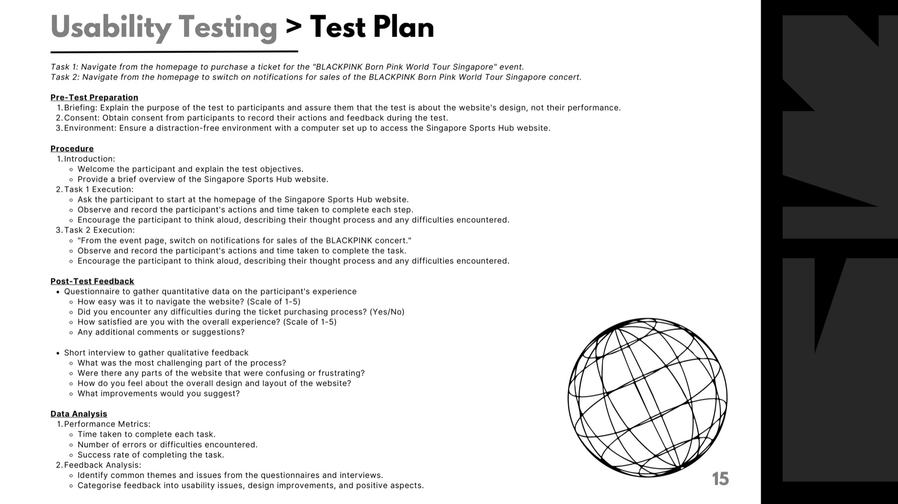 Usability testing plan slide describing the ticket-purchase task and the notification task