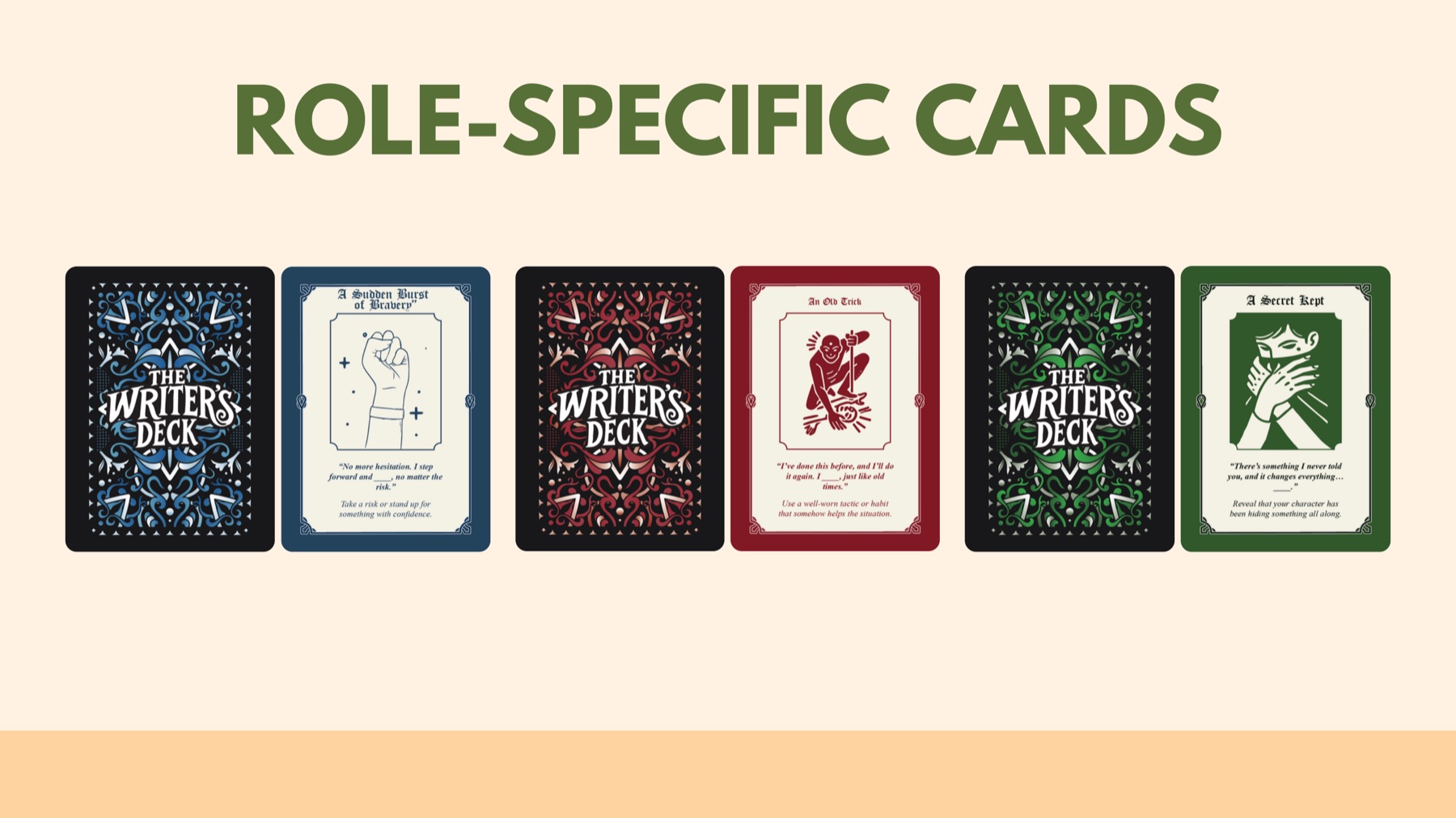 Role-specific cards for the protagonist, antagonist and side characters