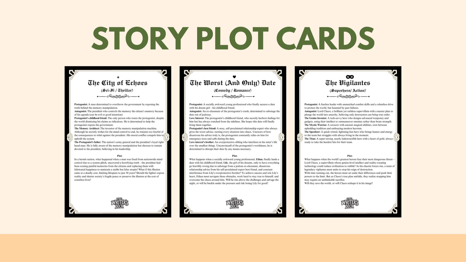 Story plot cards that establish the setting and conditions for a round
