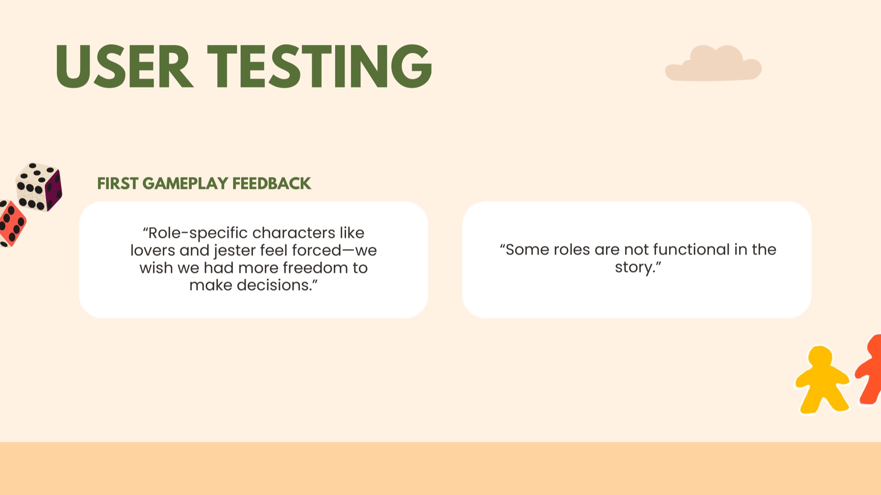 Slide recording feedback from the first gameplay session, including that some roles were not functional in the story