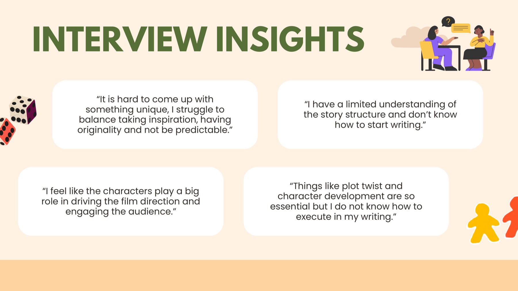 Slide of interview insights describing difficulty balancing originality, structure and character development