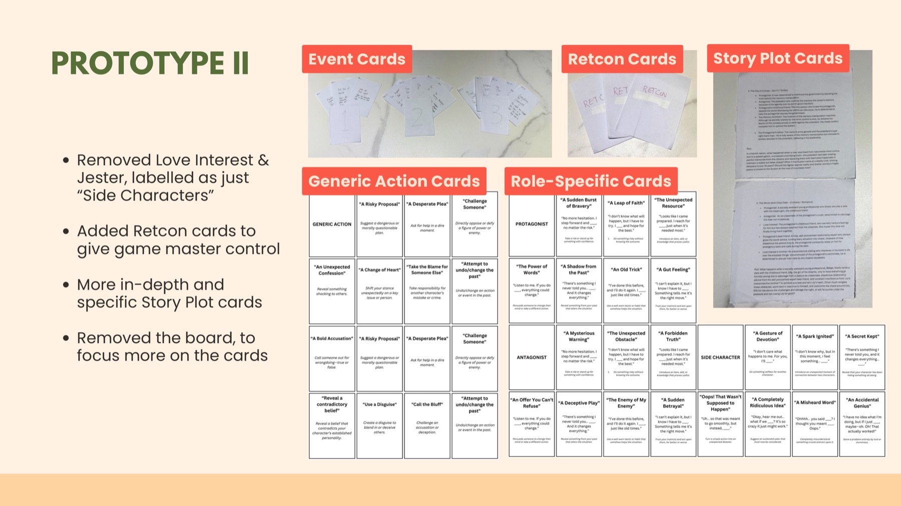 The Writer’s Deck card system showing event cards, retcon cards, story plot cards, generic action cards and role-specific cards
