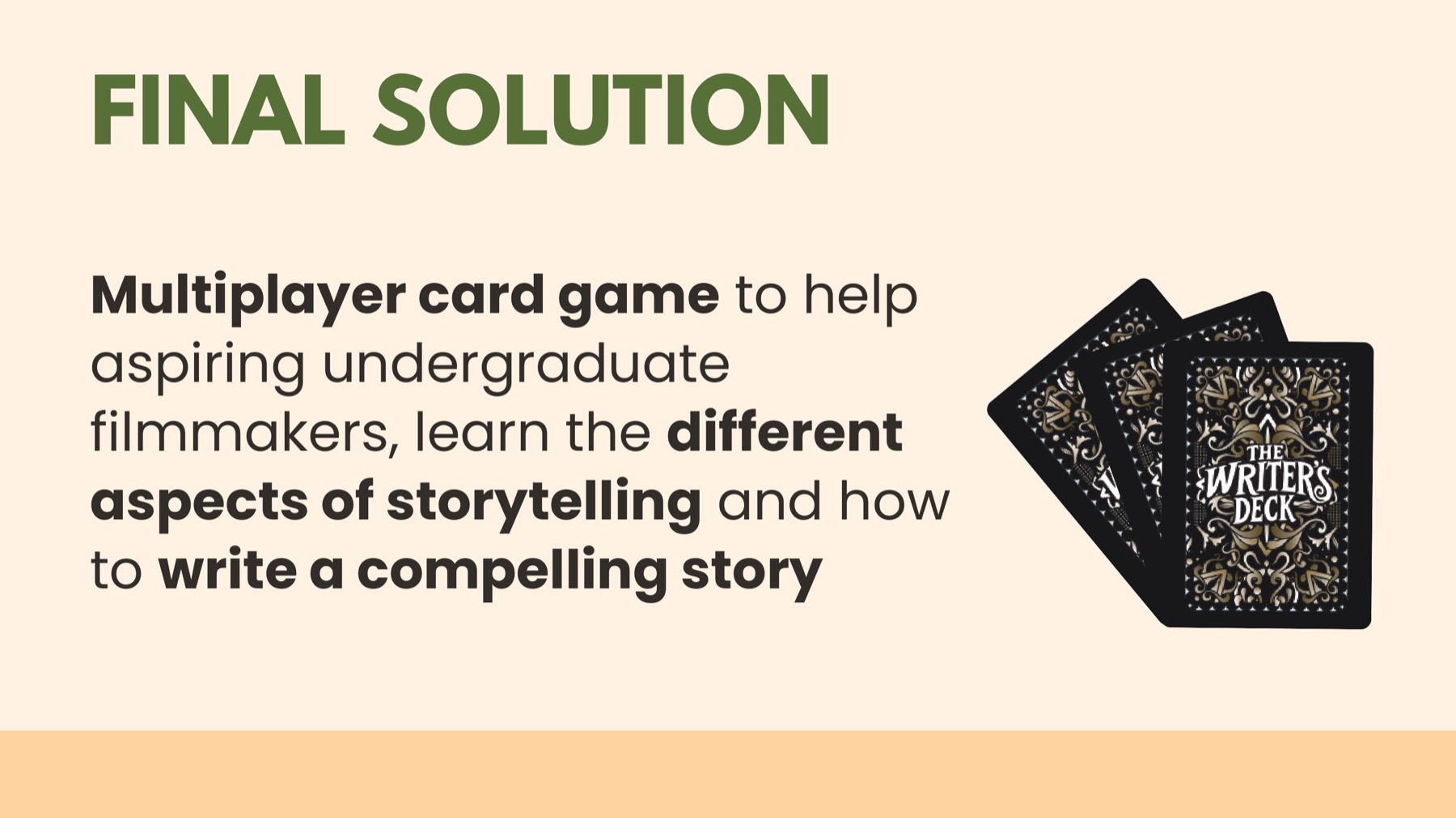 Slide describing the solution as a multiplayer card game that teaches aspects of storytelling